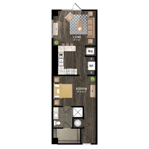 A floor plan of a small apartment with a living area, kitchen, and bedroom.